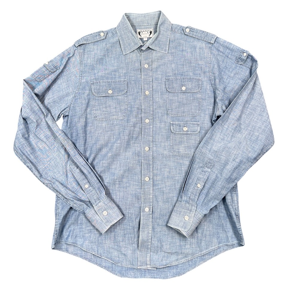 Gant X Michael Bastian Button Down Shirt Men L Blue Chambray Epaulets Safari